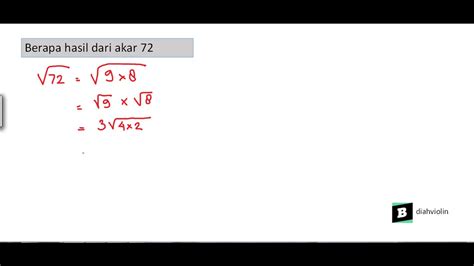 akar dari 72  Di dalam matematika, akar kuadrat atau akar persegi dari bilangan x sama dengan bilangan r sedemikian sehingga r 2 = x, atau, di dalam perkataan lain, bilangan r yang bila dikuadratkan (hasil kali dengan bilangan itu sendiri) sama dengan x